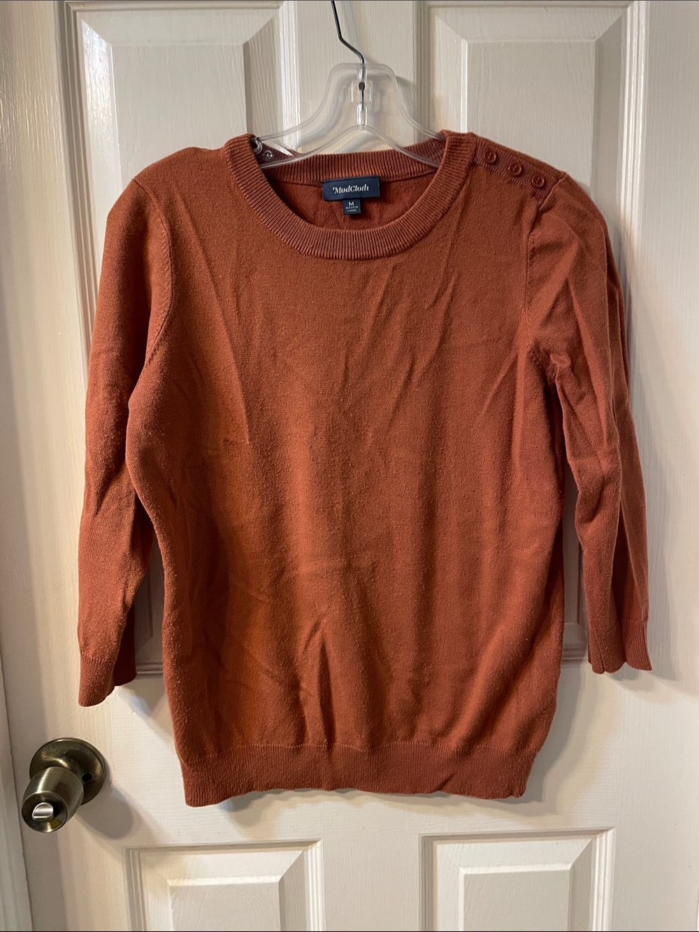 ModCloth Rust Crewneck Sweater with Shoulder Buttons and Cropped Sleeves